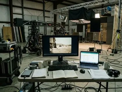 Notebook open beside paused movie scene