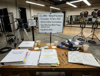 Film clapperboard beside script pages